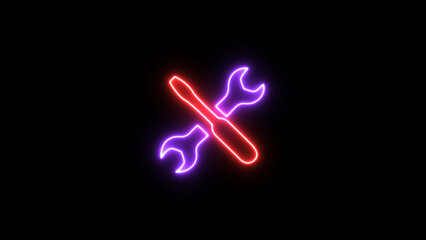 Glowing neon line Wrench and screwdriver crossed, repair tools icon on the black background.