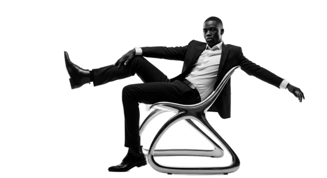 Man In Suit Sitting On Modern Chair Black And White