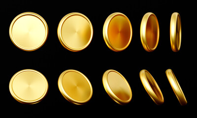 3D golden coins isolated on black background. Realistic blank yellow brass or gold coin in different views. Payment and investment, bank and finance. A set of 3D money in different direction