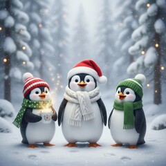 Charming Penguins Dressed in Festive Hats and Scarves Standing Joyfully by a Christmas Tree