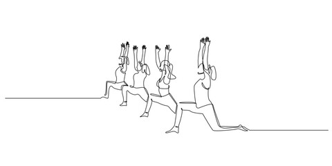 Continuous line drawing of a group of women practicing yoga together.
one line art illustration multiple females performing yoga poses in harmony, symbolizing balance, unity, and mindfulness.