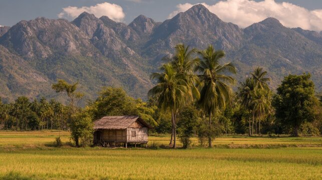 Serene countryside landscape featuring a rustic wooden house, lush green fields, towering mountains, and vibrant palm trees under a clear blue sky