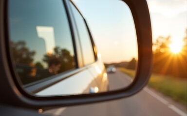 view side mirror of car summer roadtrip concept background. High quality