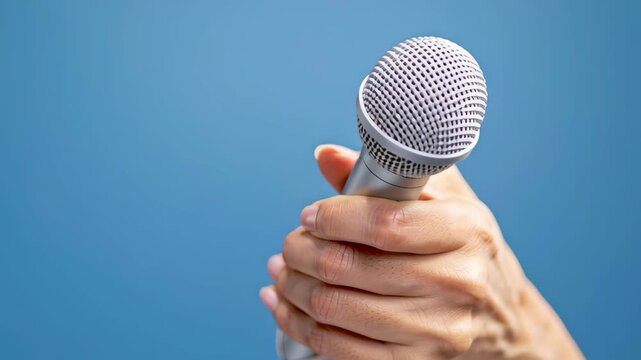 Hand holding microphone closeup silver mesh grip blue background interview speech broadcast energy studio light media vibe communication audio
