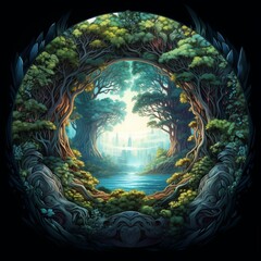 Enchanting fantasy landscape painting of a fairytale castle nestled in a lush valley with waterfalls, forests, and majestic mountains under a colossal, glowing moon