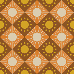 70s Sun Geometric Pattern. Retro Sun Seamless Pattern. Orange and Brown Retro Sun Grid Pattern