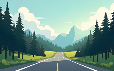 roadtrip adventure staight road and forest landscape vector illustration EPS10. High quality