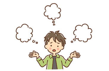 困った顔で何かをいろいろ考えている若い男性