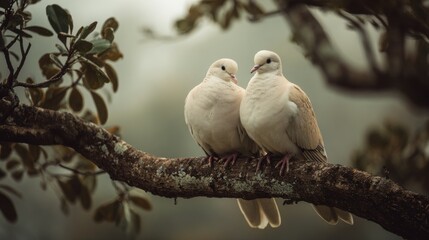 Two Gentle Birds Sitting Together on a Branch Surrounded by Lush Green Foliage in a Tranquil Natural Setting