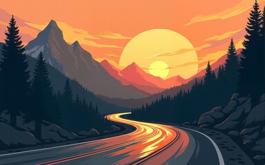 Mountain Road Sunset: Vintage illustration of a scenic road winding through a mountain landscape at sunset. Perfect for travel, adventure, and nature themes. High quality