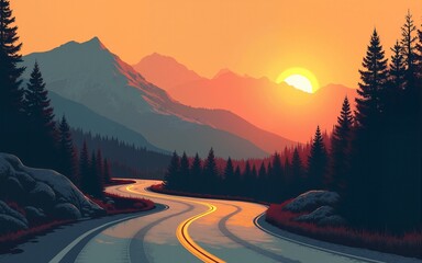 Mountain Road Sunset: Vintage illustration of a scenic road winding through a mountain landscape at sunset. Perfect for travel, adventure, and nature themes. High quality