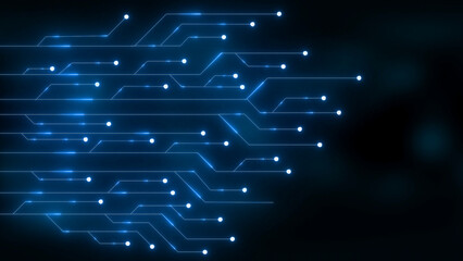 Blue glowing circuit board lines and dots on a dark background with bokeh technology digital