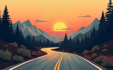 Mountain Road Sunset: Vintage illustration of a scenic road winding through a mountain landscape at sunset. Perfect for travel, adventure, and nature themes. High quality