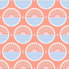 Summer Vibes Sun and Stripe Geometric seamless pattern. Pastel Abstract Ocean Sunburst Pattern.
