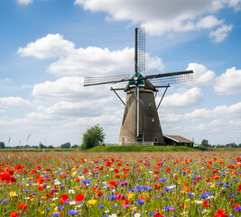 A classic windmill surrounded by a vibrant flower field under a bright blue sky. The scene reflects the beauty of springtime in the countryside, evoking peace, tradition, and natural harmony.