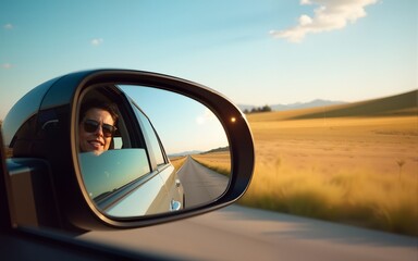 view side mirror of car summer roadtrip concept background. High quality