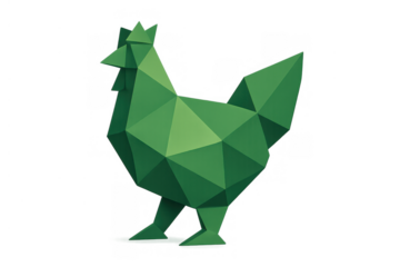 Green low poly rooster sculpture standing, representing agriculture, nature, and geometric farm animal design