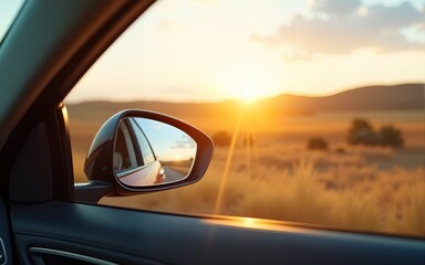 view side mirror of car summer roadtrip concept background. High quality