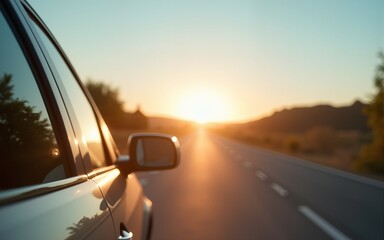 view side mirror of car summer roadtrip concept background. High quality