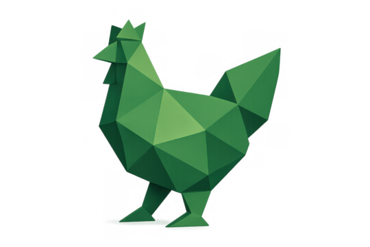 Green low poly rooster sculpture standing, representing agriculture, nature, and geometric farm animal design