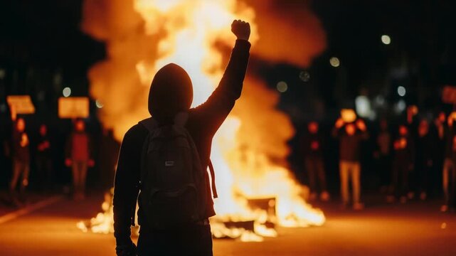 Protestor with raised fist in front of fire