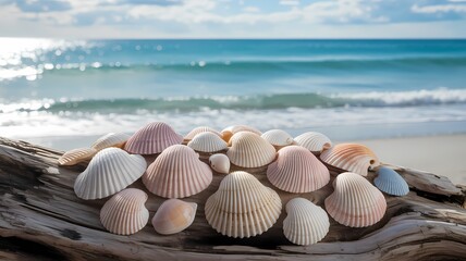 A collection of seashells on driftwood with an ocean background and a bright sunny sky above them all