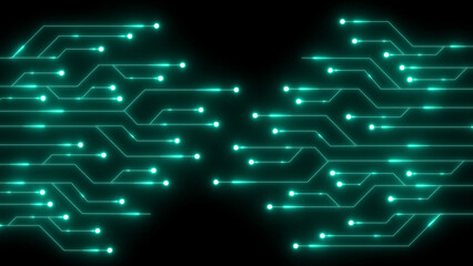 Teal glowing circuit board lines and dots on a black background technology digital