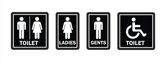Toilet icons set. Men and women restroom icon sign right arrow. Disabled wheelchair icon. Vector Illustration