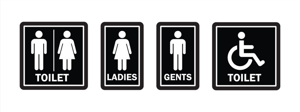 Toilet icons set. Men and women restroom icon sign right arrow. Disabled wheelchair icon. Vector Illustration