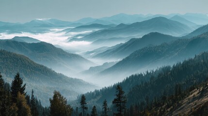 Obraz premium Serene Misty Mountain Landscape with Layers of Rolling Hills and Fog in the Valley, A Tranquil Natural Scene Capturing Wilderness Essence
