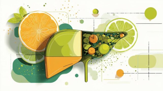 Abstract illustration of healthy liver with fruits and vegetables
