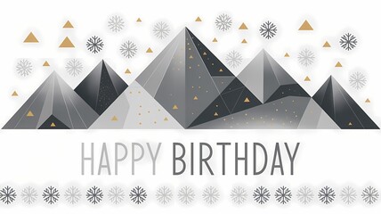 Geometric mountain range with snowflakes and gold triangles happy birthday card design graphic illustration