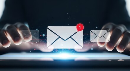 Person using tablet with email notifications and glowing effects on a dark digital background