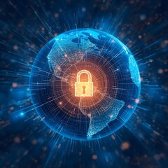 Futuristic Digital Earth with Glowing Padlock — Global Cybersecurity Concept