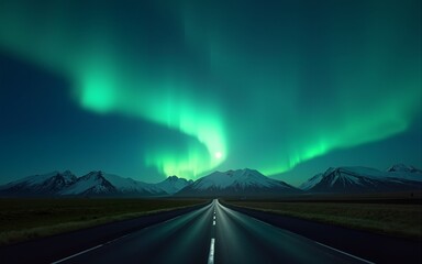 Aurora borealis over road and moon, road trip Iceland. High quality