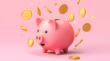 3d Isometric Piggy bank cute pink style golden
