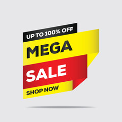 Mega Discount Sale Tag Badges – 100% Off Super Offer, Limited Time Marketing Labels in Yellow, Red & Black | Vector Illustration