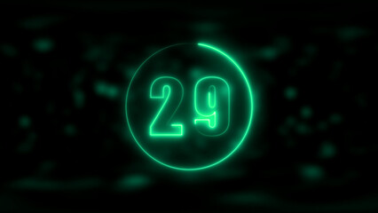 Glowing green neon number 29 inside a circle on a dark bokeh background twenty nine numeral