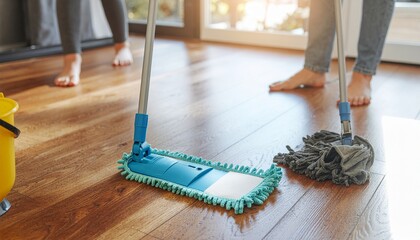Close-up of people mopping wooden floor with cleaning tools and bucket in bright home interior. Concept of housework, cleanliness, hygiene, and domestic chores.