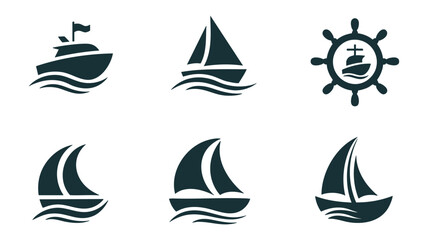 Naklejka premium Nautical icons collection featuring ships sailboats and ship wheel for maritime design vector