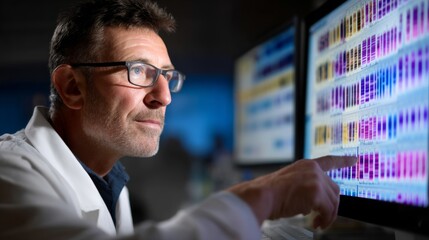 Genomics Research: Scientist Analyzing Nucleotide Sequences on Computer Screen in Modern Lab