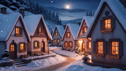 Winter village scene with snow covered houses and warm glowing windows under a bright moonlit night sky