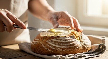 Spreading Butter on Freshly Baked Sourdough Bread