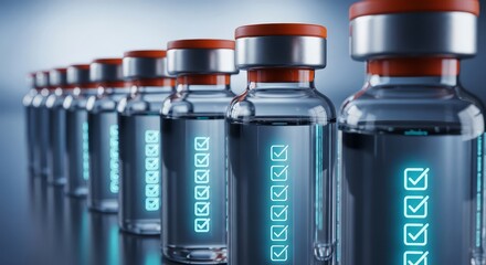 Row of vaccine vials with orange tops and checkmarks displayed on a blue gradient background