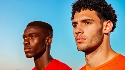 Focused athlete team unity sunny sky, profile portrait of determination with strong jawline, curly hair, and sports jersey confident trio leadership - Powered by Adobe