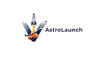 AstroLaunch Logo with Rocket Taking Off and Abstract V Shape