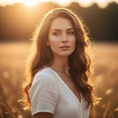 Serene Woman in Golden Hour Field By Generated AI