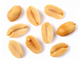Obraz premium High-resolution image of roasted peanuts on a white background, highlighting texture and detail for culinary and snack themes.