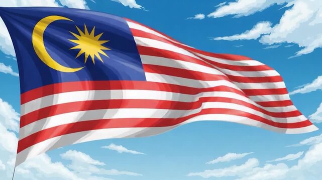 Malaysian Flag Waving Proudly Against a Blue Sky with Clouds.