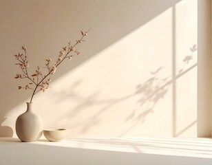Warm Sunlight and Artistic Shadows on Minimalist Wall with Delicate Flowering Branch